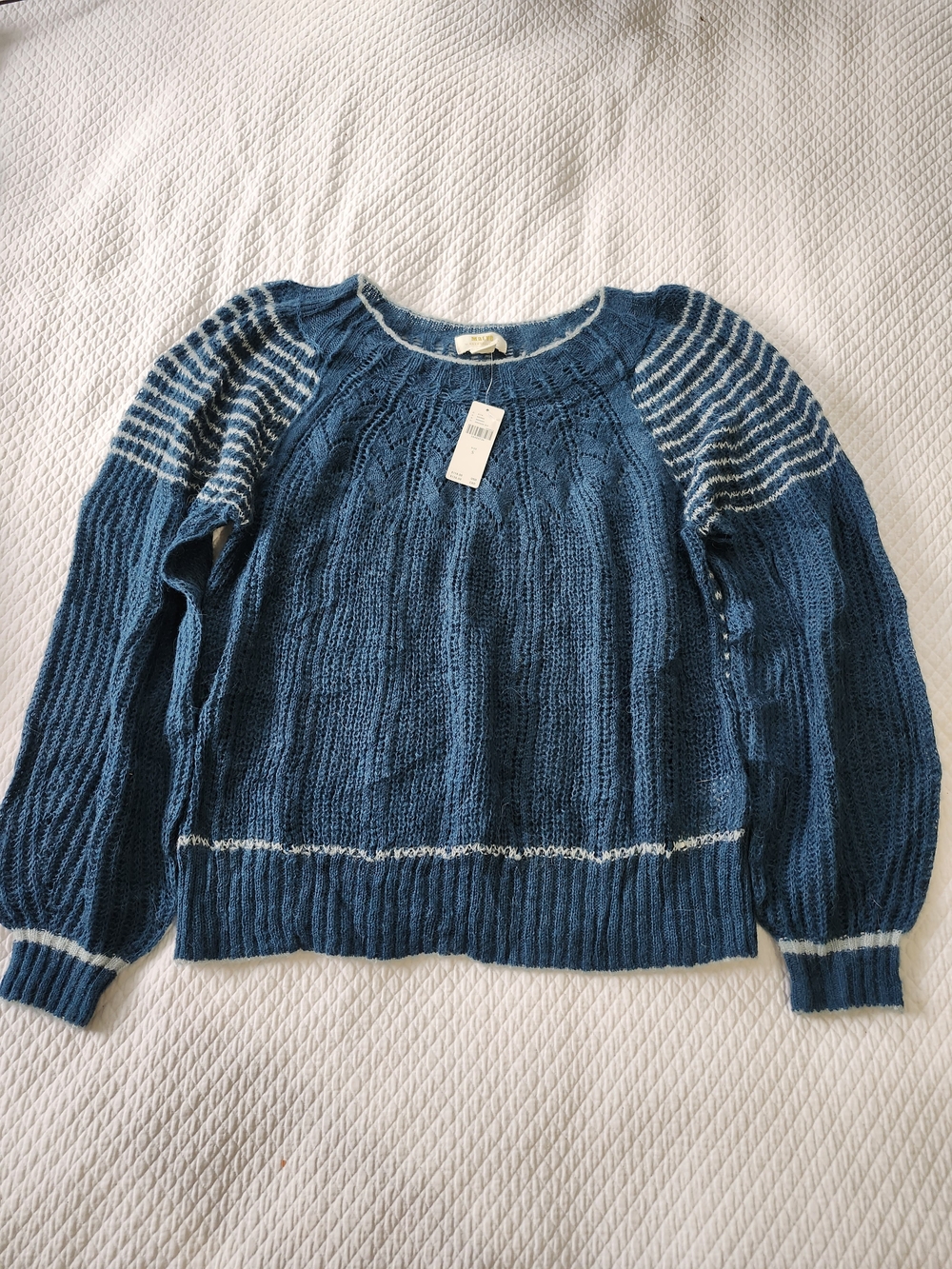 Anthropologie Maeve Lindsay Pointelle Knit Sweater NWT Blue Cream Striped